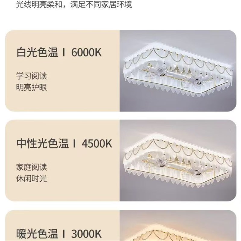 卧室风扇吸顶灯法式n羽毛饭厅静音客厅摇头吊扇灯一体奶油防风灯