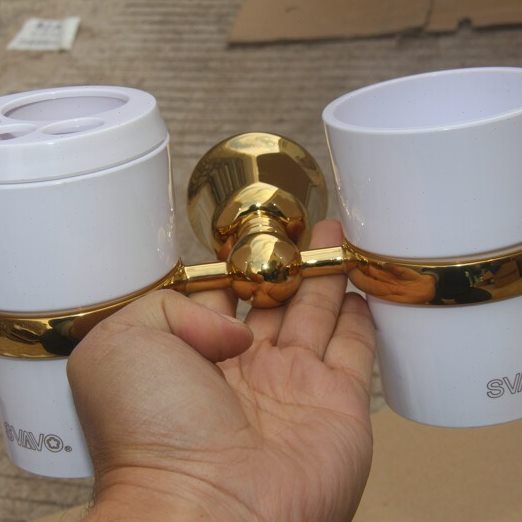 瑞wo 牙刷架 漱口杯架 刷牙杯 玻璃双杯架 欧式金色 浴室