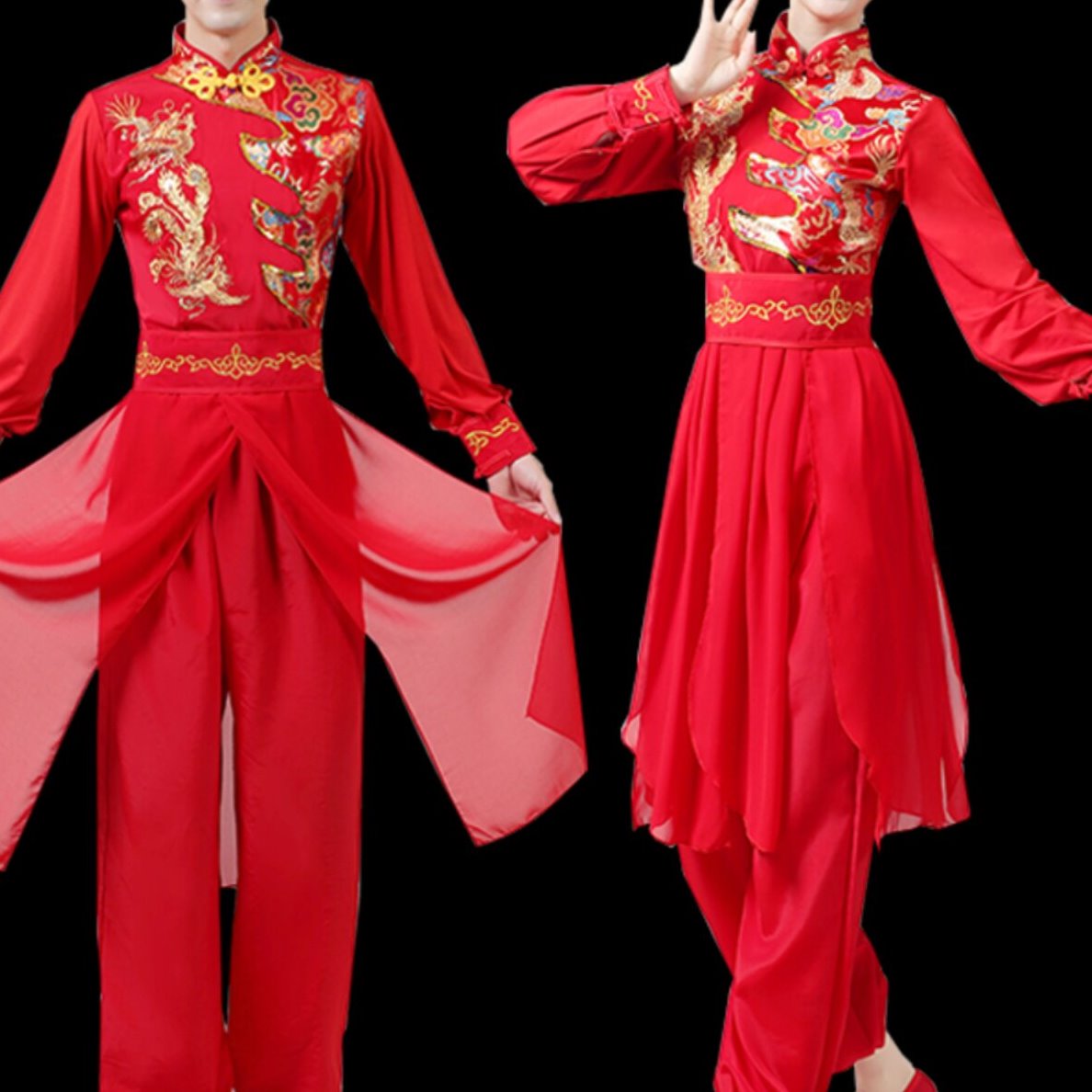 新款腰鼓打鼓服民族舞蹈舞扇子舞秧歌演出服女男中国风喜庆水鼓服