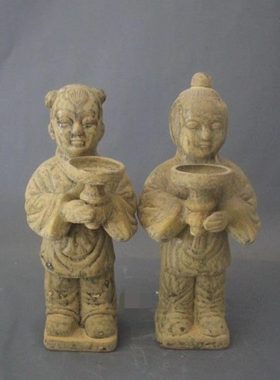 宋越窑金童玉女人物像烛台油灯陶瓷摆件展柜博古架收藏仿古老物件