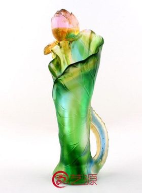 琉璃摆件荷叶花瓶创意家居送朋友结婚生日祝寿的礼物佛具净水花瓶