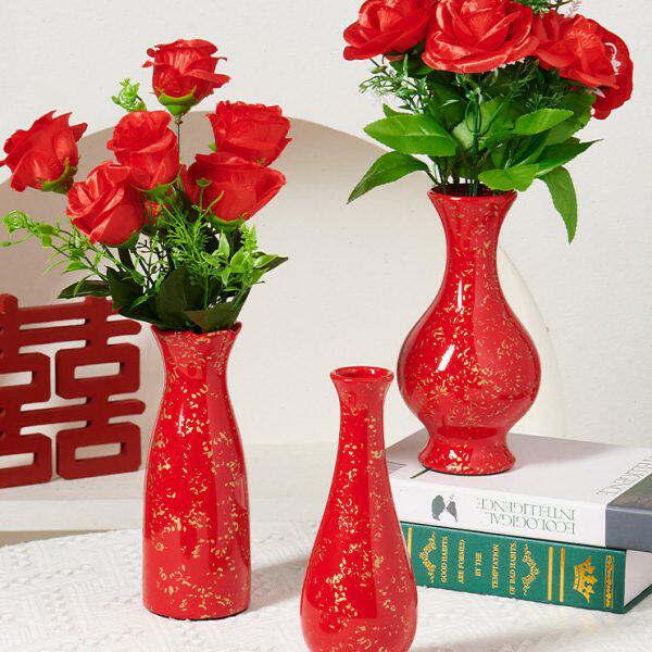 结婚喜庆新年乔迁中国红陶瓷花瓶摆件客厅婚房插花水培简约玄关