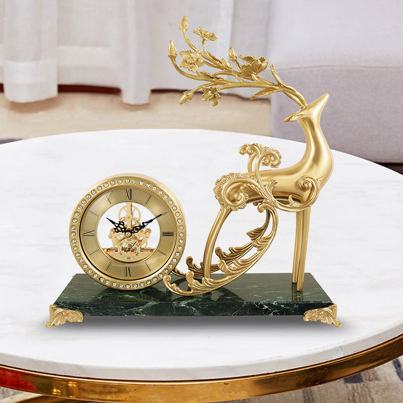 欧式黄铜台钟客厅玄关座钟家x用别墅台式钟表招财鹿卧室书房铜摆