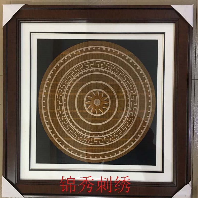 铜鼓图案刺绣壁画绣片酒店相框民族风墙饰挂画