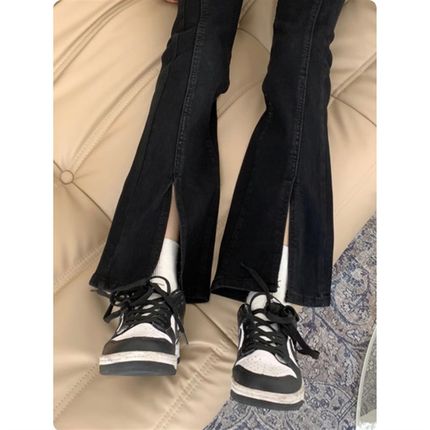 胖小皮~黑色微喇牛仔裤女新款加绒高腰小个子大码显瘦梨形喇叭裤