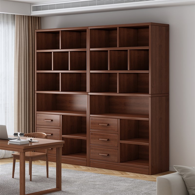 满墙书柜实木书架一体靠墙家用覆B古收纳储物柜新中式风柜子文件