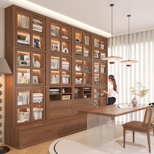 中古风实木书柜大客量储物书架带卡座一体整墙客厅带玻璃门展示柜