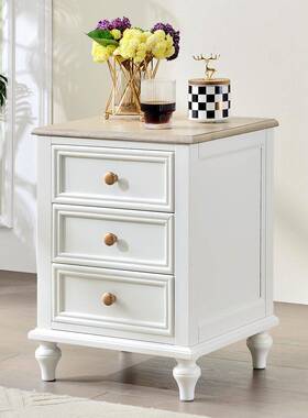 小美式全实木床头柜45cm白色奶油风主卧室家用三抽屉床头储物柜