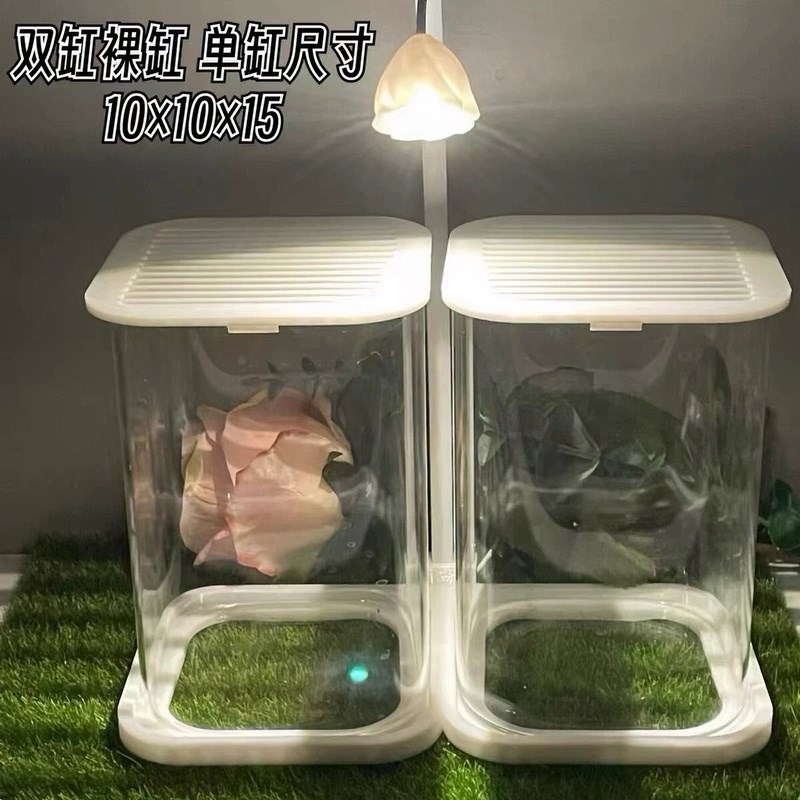 斗鱼专用双缸高透迷你小型w网红造景玻璃桌面缸工位感带灯盖子