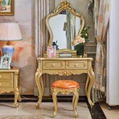 欧式 雕花高档公主化妆台 实木梳妆台带妆凳卧室化妆桌奢华金色法式