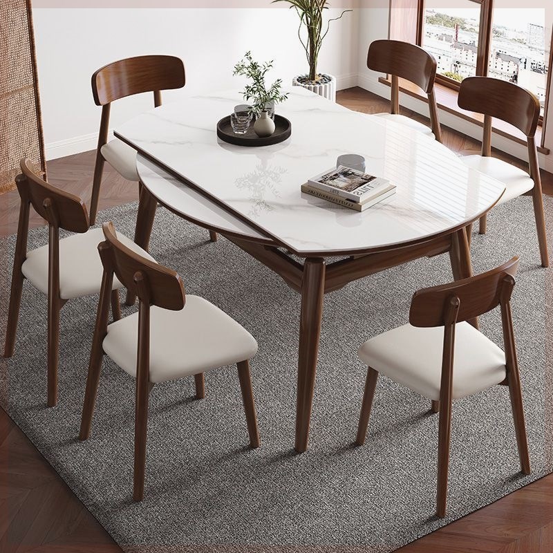 家庭餐桌北欧风岩板餐桌椅组合可伸缩家用L方圆两用小户型实木折