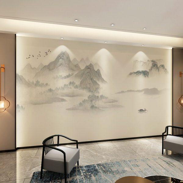 新中式写意山水壁纸定制电视背景墙壁画客厅卧室影视墙纸无缝墙布