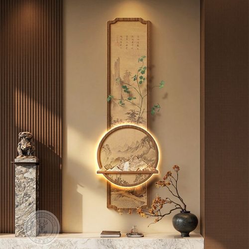 见山带灯画新中式玄关装饰画喜上枝头走廊尽头挂画山水画竖版灯画