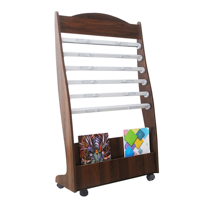 简约办公室木质报刊架落地立式书报架胡桃色O报纸架六根报夹带滑