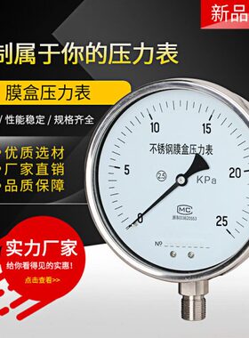 不锈钢膜盒压力表YE150BF 1.6级KPa 膜片耐硫千帕表燃气表微压表