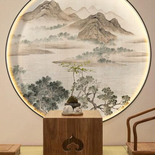 山水新中式禅意玄关装饰画背景墙壁纸3d国画茶室壁画圆形客厅餐厅