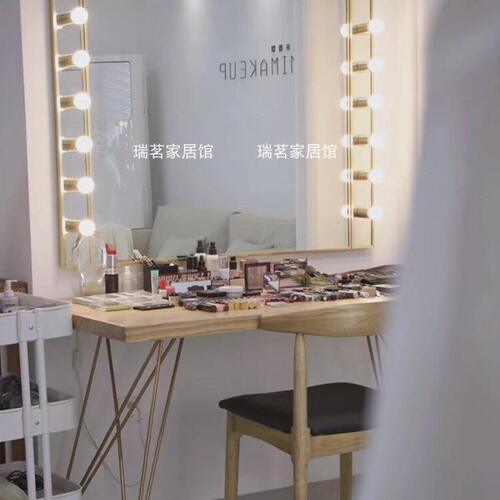 简约影楼化妆台带灯泡北欧婚纱摄影美容学院实木专业化妆桌子定制