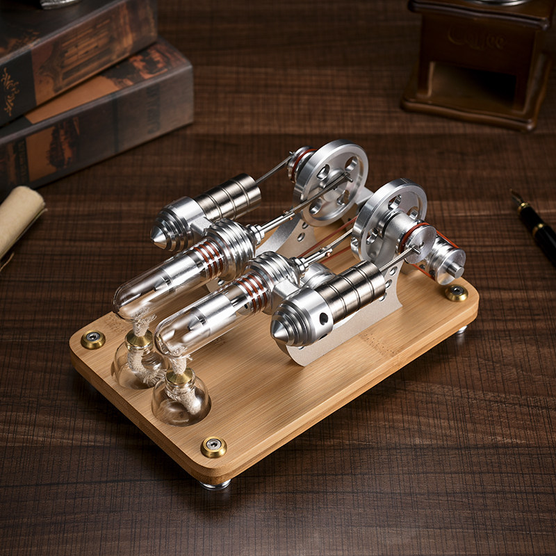 可发动天平款金属气缸斯特林发动机发电机微型迷你外燃机模型双缸