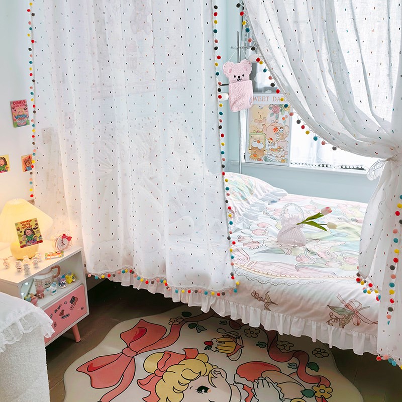 卧室床对门隔断帘彩球花边布帘遮挡帘柜子自粘门帘子屏风免打孔
