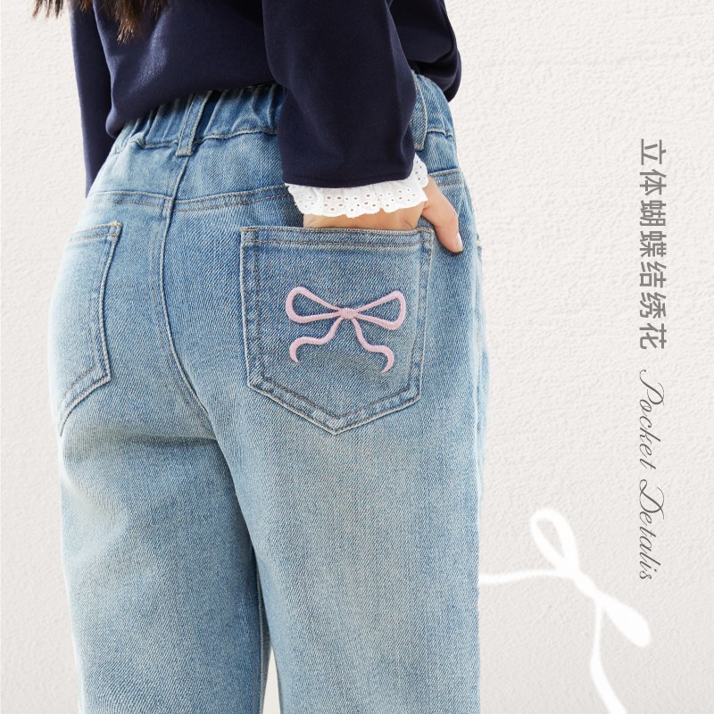 女童牛仔喇叭裤2024秋季新款儿童长裤中大童蝴蝶结弹力洋气裤子