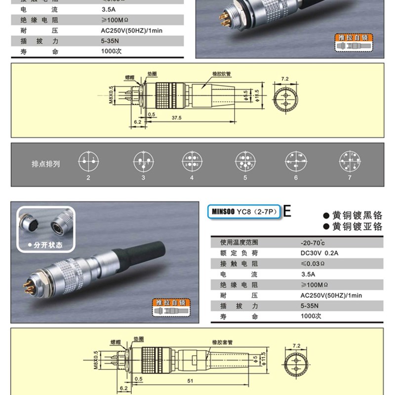 YC8航空插头插座2芯3芯4芯5芯6芯7芯快速插M8连接器8MM接插件航插