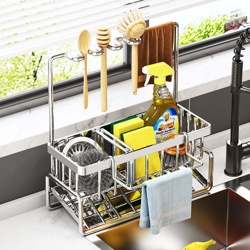 304不锈钢厨房置物架抹布架收纳沥水架钢丝球水池水龙头水槽神器