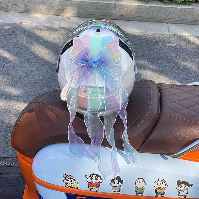 摩托车头盔蝴蝶结装饰网红女骑踏板电瓶车装饰飘带超大全盔配饰