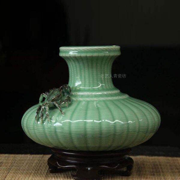 蟹篓瓶陶瓷青瓷梅子青螃蟹财招家居饰品博古架玄关摆件花瓶
