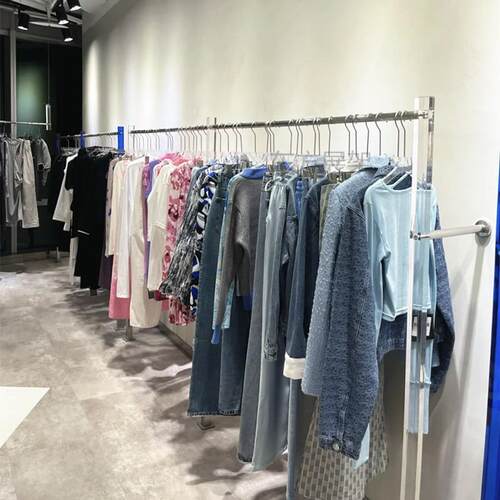 男女装服装店展示架上墙不锈钢亚克力落地陈列挂衣架方型蓝色货架