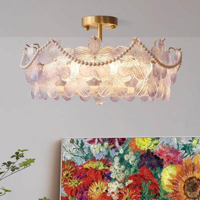 法式卧室吸顶灯轻奢主卧水晶灯玻璃珍珠简约现代花瓣房间书房灯具