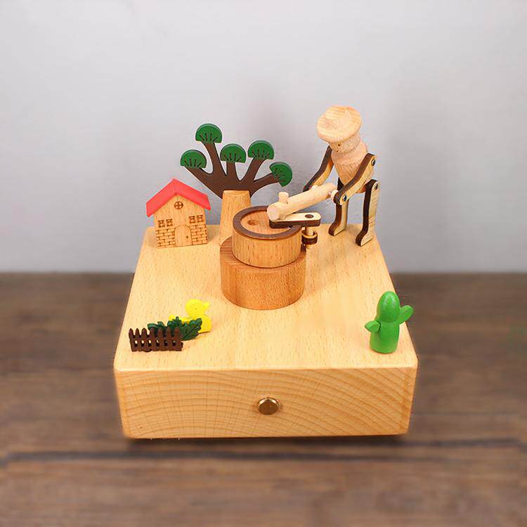 网红直播玩具实木电动音乐盒纯手雕刻木偶推磨卡通人物玩具八音盒