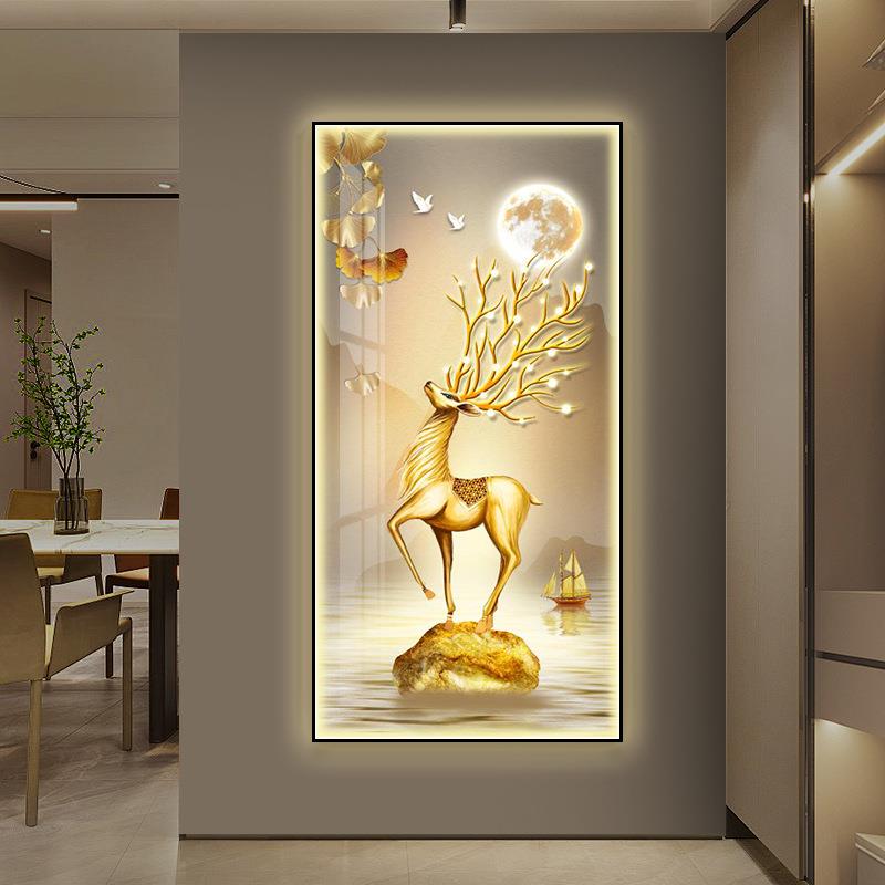 金鹿镶钻led带灯轻奢入户玄关装饰走廊过道壁画简约现代高端挂画