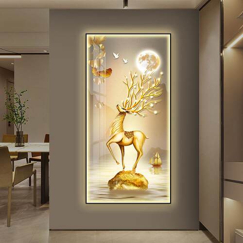 金鹿镶钻led带灯轻奢入户玄关装饰走廊过道壁画简约现代高端挂画