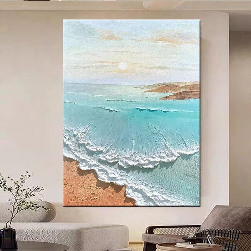 手绘油画竖版轻奢风景客厅玄关装饰画立体肌理画主卧儿童房海景画