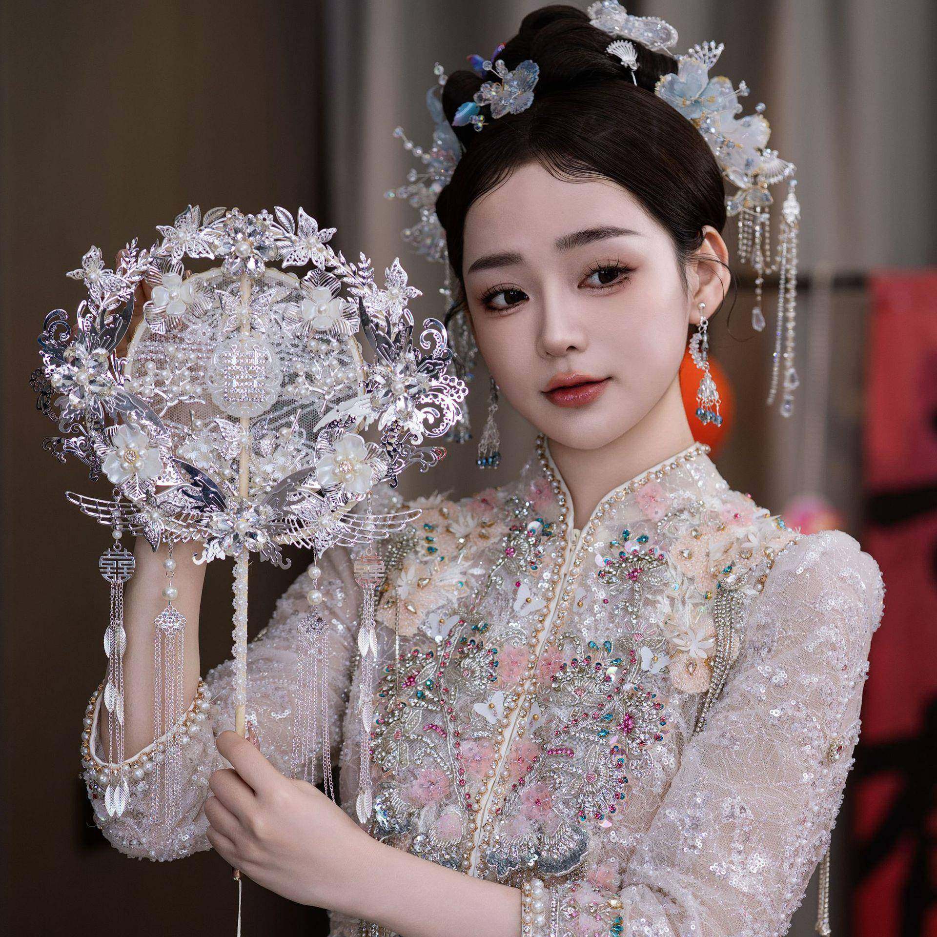 红色蕾丝新娘结婚秀禾服新中式双面成品遮面金色成品喜扇团扇9157