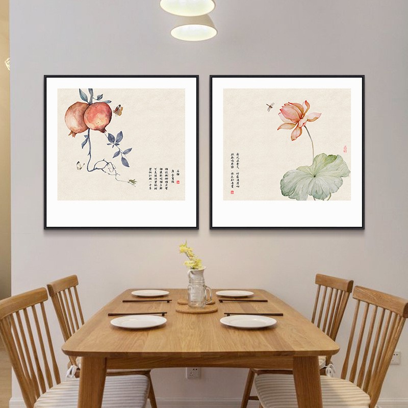 新中式餐厅客厅装饰画有框玄关走廊壁画书房花卉茶室花鸟方形挂画图片