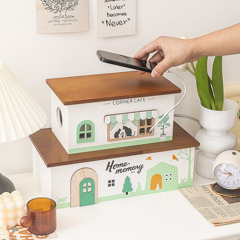 桌面收纳盒杂物插排数据线储物盒多功能电线插座置物架木质集线盒