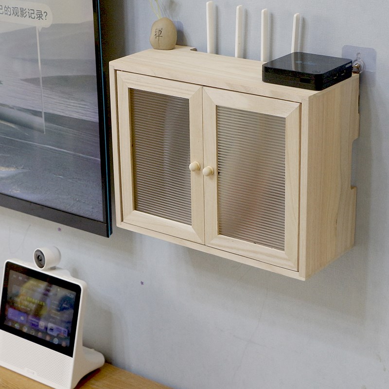 路由器wifi实木免打孔挂墙置物架收纳盒壁挂插排机顶盒遮挡装饰箱