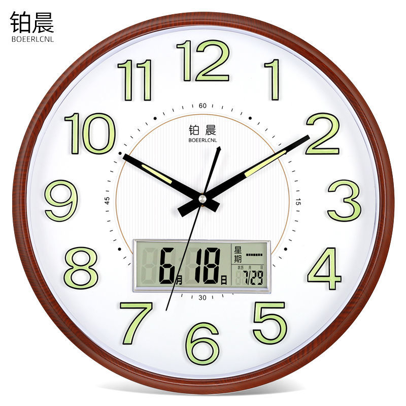 铂晨夜光静音扫描挂钟客厅卧室圆形简约石英钟大号钟表LED万年历