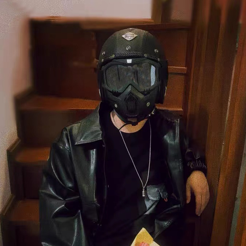 复古电动摩托车皮盔四季踏板巡航机车哈雷头盔男女电动车4/3半盔