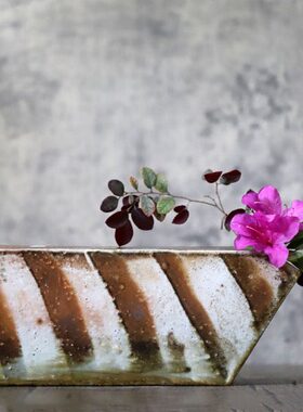 手工制作柴烧中号花瓶客厅花道茶道摆件陶瓷家居插花长方形花器