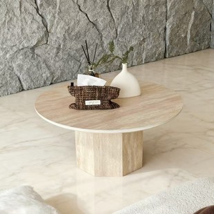 北欧天然洞石圆形方形餐桌侘寂风网红家用客厅轻奢现代简约大理石