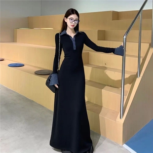 内搭打底气质鱼尾长裙 2025新款 法式 黑色polo针织连衣裙子女秋冬季
