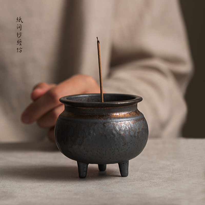 灰陶鎏金小古炉 三足香炉v盘香塔香薰炉家用室内供奉线香炉纸间