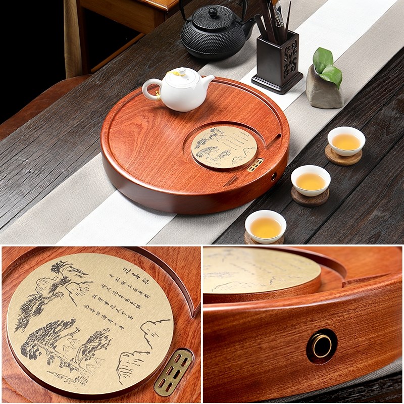 26X8茶具圆形整块实木茶盘茶台小号黑檀M花梨木整块排水原木檀