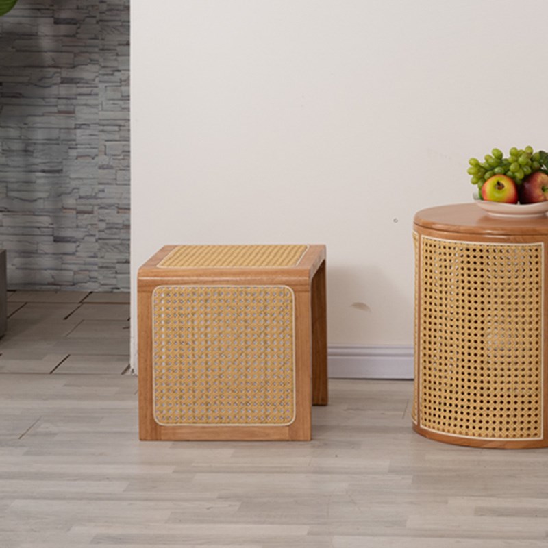 超菲中古实木藤编沙发矮凳收纳储物原木民宿方形日式北欧侘寂餐凳