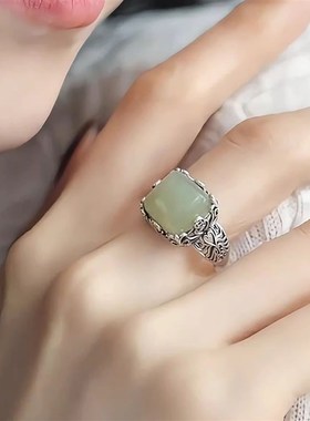 925银铜钱方糖戒指女新t中式复古镂空花纹和田青玉高级感活口指环