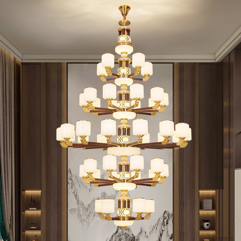 全铜新中式实木复式楼别墅客厅大吊灯奢华大气中空跃层楼梯长吊灯