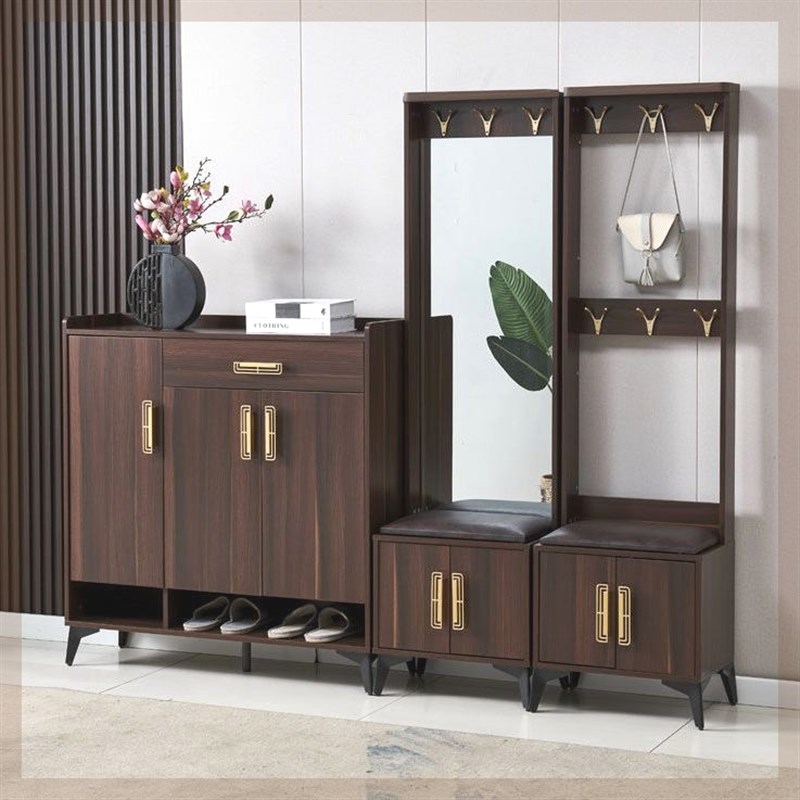 新中式鞋柜门口进门挂衣架一体靠墙衣帽架带穿R衣镜换鞋凳门口可