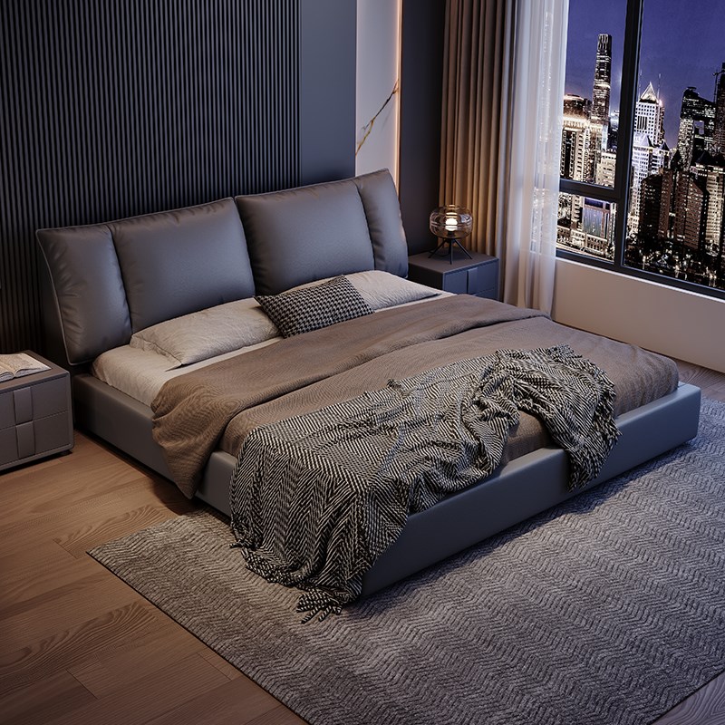 意式极简真皮床大象耳朵主卧轻奢床现代简约高R箱储物软包双人大